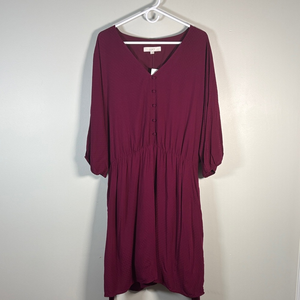 LOFT Burgundy Midi Dress with Button Detail